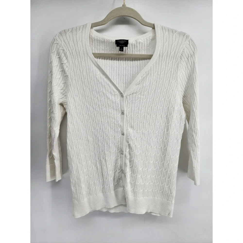 Talbots Petites White Pima Cotton Cable Knit V-Neck Button Front Cardigan L